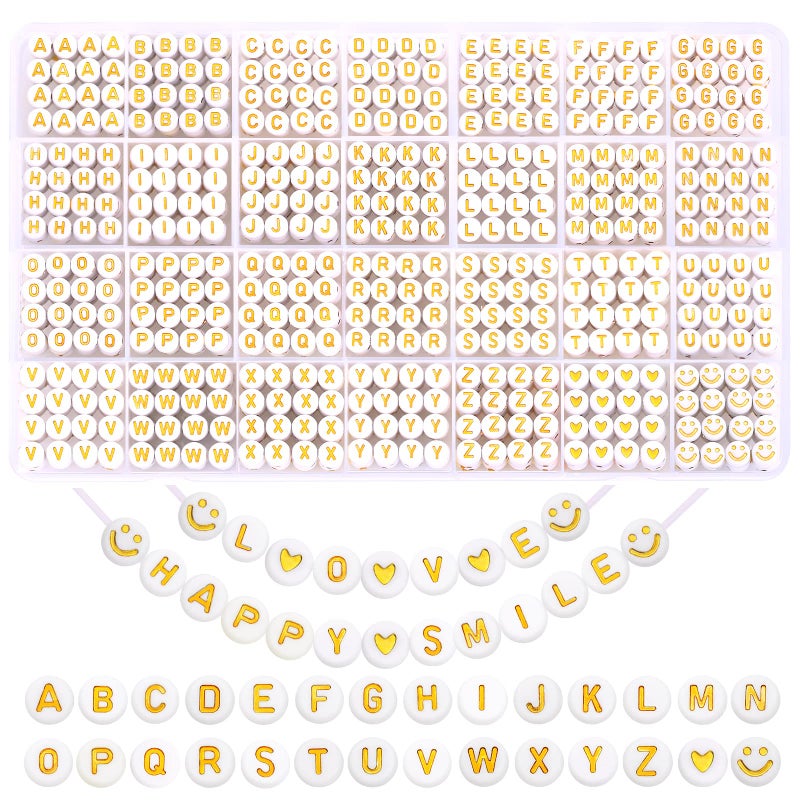 XIMISHOP 1400pcs Round Letter Beads for Jewelry Making 28 Style Gold AZ Alphabet Acrylic Beads Kits Heart Beads for Bracelets Making 4  7mm
