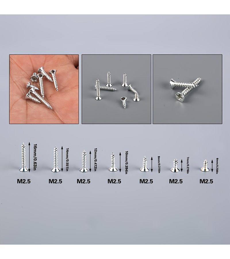 M2.5 X 6 Silver Self Tapping Screws 200 Pieces Flat Head Miniature Wood Screws Electronic Additions - Image 2