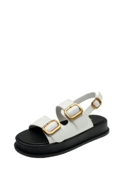 Casual Platform Sandals Womens Summer 2024 Fashion Double Row Metal Buckle Roman Sandals round Toe Composite Bottom PU Lining Beige Upgrade