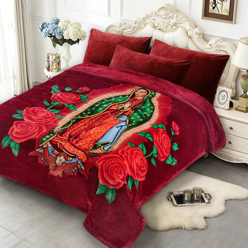 JYK Korean Mink Fleece Blanket Queen Size 75" x 87", 5 Pounds - 2 Ply Reversible Silky Soft Plush Warm, Comfy Blanket for Autumn, Winter -Rose/Virgin Mary - Image 1