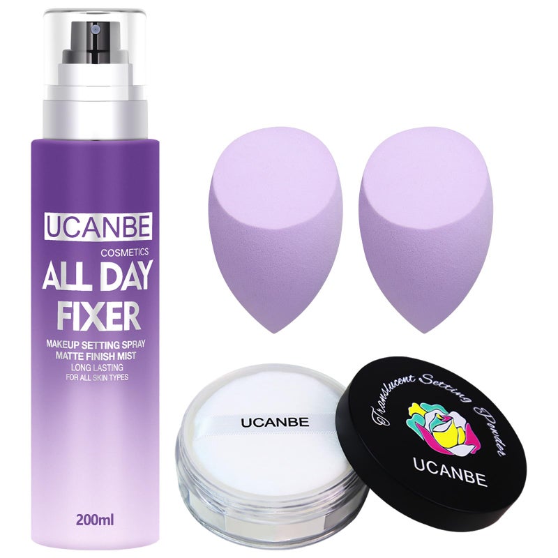 UCANBEMAKEUP UCANBEMAKUP Long Lasting Makeup Setting Spray Kit- 6.76 Fl oz Hydrating Matte Finish Mist Lightweight Face Make up Fixer +Translucent Loose Setting Powder+2PC Sponge Puff Set - Image 1