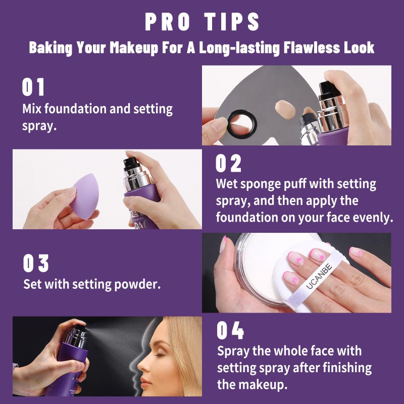 UCANBEMAKEUP UCANBEMAKUP Long Lasting Makeup Setting Spray Kit- 6.76 Fl oz Hydrating Matte Finish Mist Lightweight Face Make up Fixer +Translucent Loose Setting Powder+2PC Sponge Puff Set - Image 5