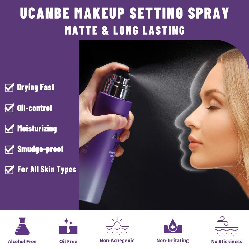 UCANBEMAKEUP UCANBEMAKUP Long Lasting Makeup Setting Spray Kit- 6.76 Fl oz Hydrating Matte Finish Mist Lightweight Face Make up Fixer +Translucent Loose Setting Powder+2PC Sponge Puff Set - Image 2