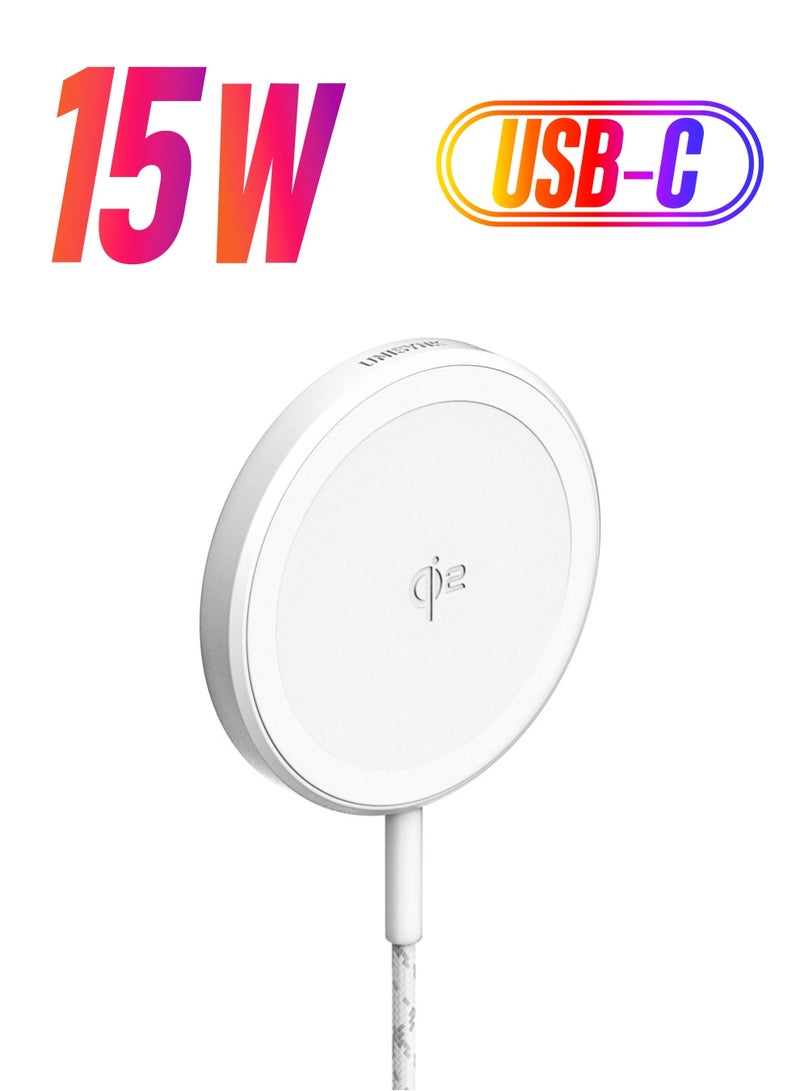 Unisynk Magnetic Wireless Charger Qi2 15W - USB-C, Magnetic Attachment, Fast Wireless Charging, 2m Cable White - Image 1