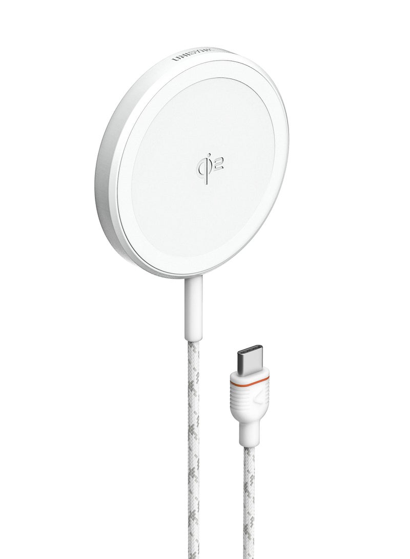 Unisynk Magnetic Wireless Charger Qi2 15W - USB-C, Magnetic Attachment, Fast Wireless Charging, 2m Cable White - Image 2