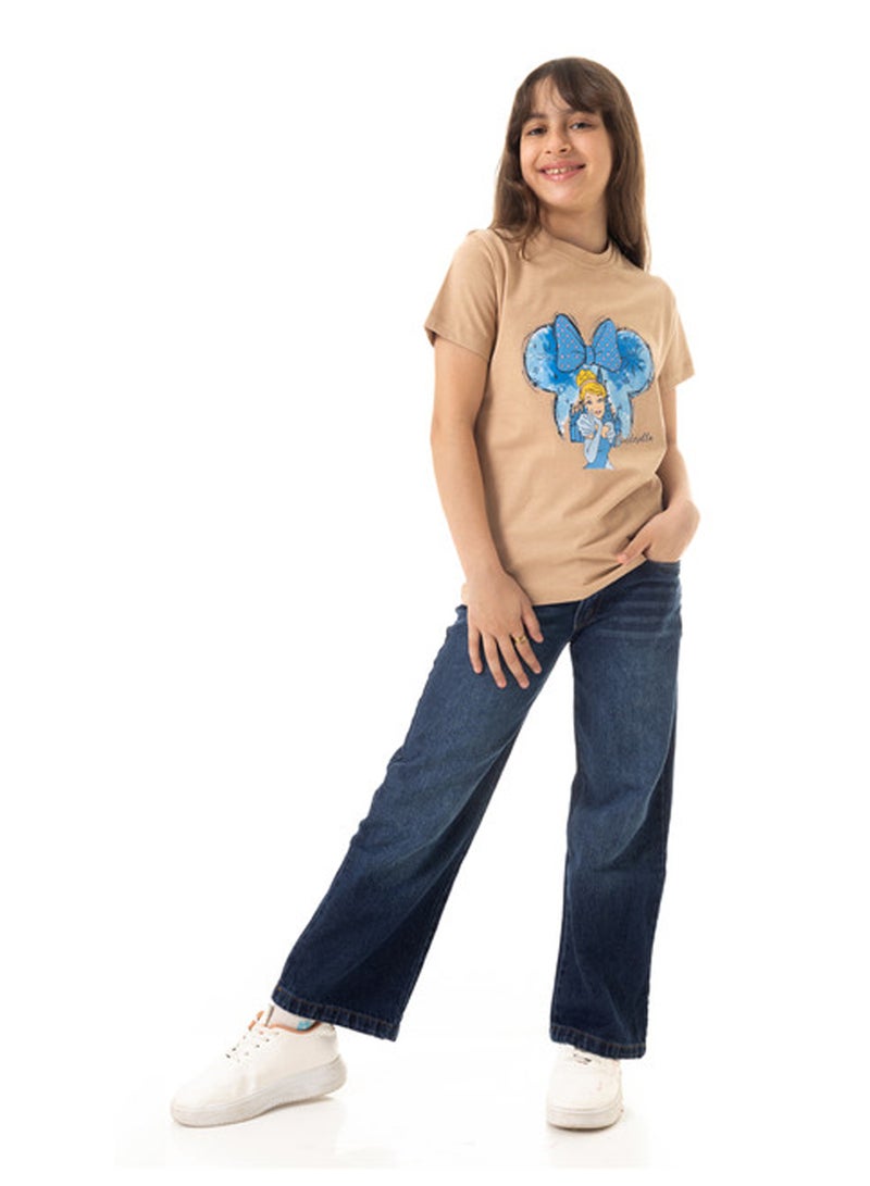Andora "Cinderella" Print Slip On Cotton Girls T-Shirt - Beige - Image 5