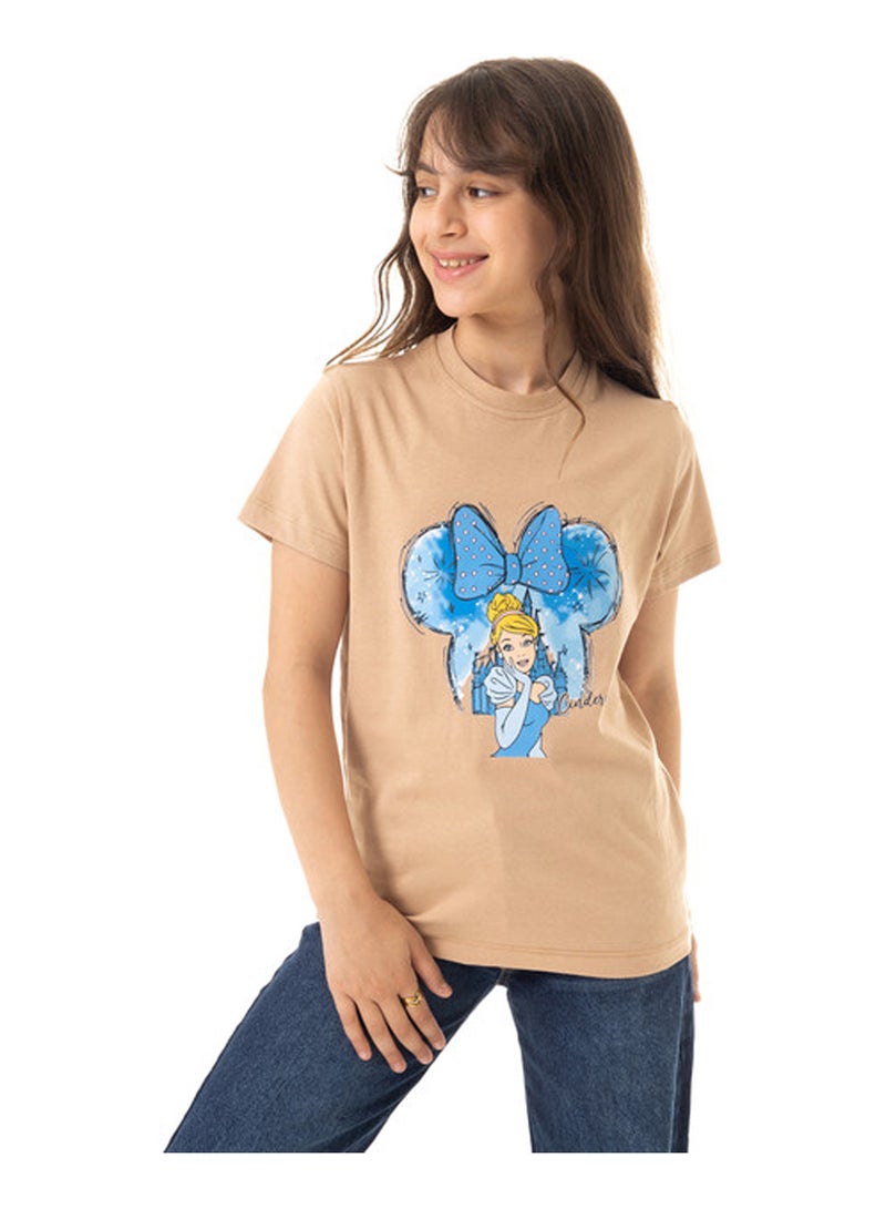 Andora "Cinderella" Print Slip On Cotton Girls T-Shirt - Beige - Image 1
