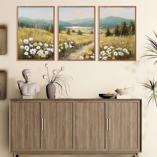KAIRNE Field Canvas Wall Art,Vintage Landscape Wall Decor,Wildflower Prints Set of 3(16”X24”),Nature Botanical Floral Posters,Rustic Paintings for Kitchen Living Room Bedroom Farmhouse Decor,Framed - Image 3