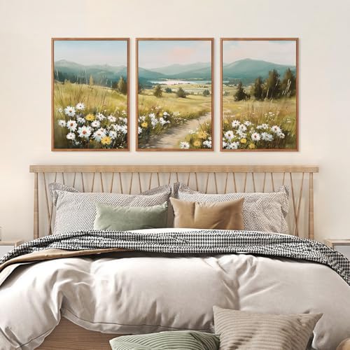 KAIRNE Field Canvas Wall Art,Vintage Landscape Wall Decor,Wildflower Prints Set of 3(16”X24”),Nature Botanical Floral Posters,Rustic Paintings for Kitchen Living Room Bedroom Farmhouse Decor,Framed - Image 5
