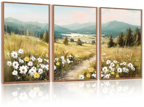 KAIRNE Field Canvas Wall Art,Vintage Landscape Wall Decor,Wildflower Prints Set of 3(16”X24”),Nature Botanical Floral Posters,Rustic Paintings for Kitchen Living Room Bedroom Farmhouse Decor,Framed - Image 1