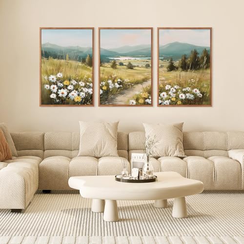 KAIRNE Field Canvas Wall Art,Vintage Landscape Wall Decor,Wildflower Prints Set of 3(16”X24”),Nature Botanical Floral Posters,Rustic Paintings for Kitchen Living Room Bedroom Farmhouse Decor,Framed - Image 4