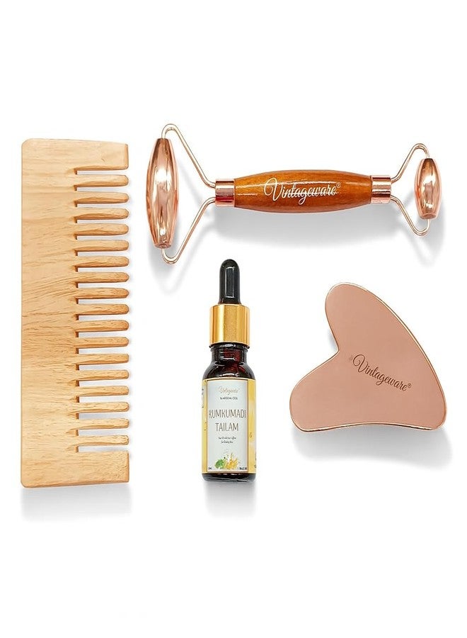 Vintageware® Ultimate Face Glow Kit - Neem Comb, Kumkumadi Tailam, Copper Face Roller & Gua Sha for Radiant Skin & Ayurvedic Skincare - Image 1