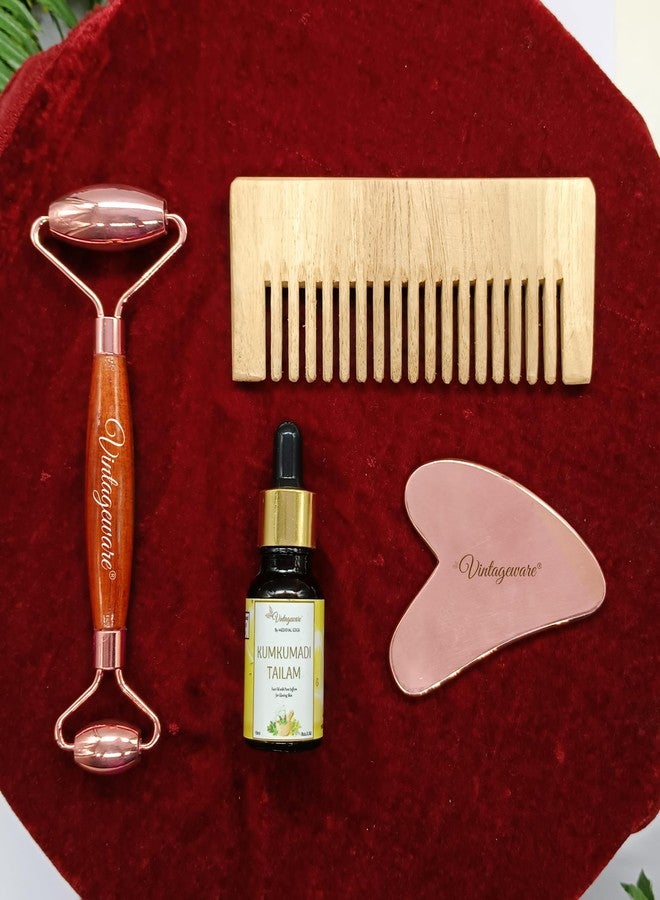 Vintageware® Ultimate Face Glow Kit - Neem Comb, Kumkumadi Tailam, Copper Face Roller & Gua Sha for Radiant Skin & Ayurvedic Skincare - Image 4