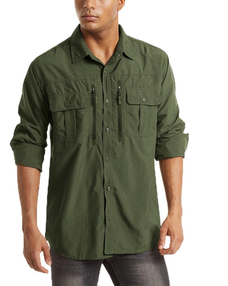 MAGCOMSEN Mens Button Down Shirts Long Sleeve UV Shirts Fishing Shirts for Men Work Shirts for Men Hiking Shirts Army Green S - Image 1