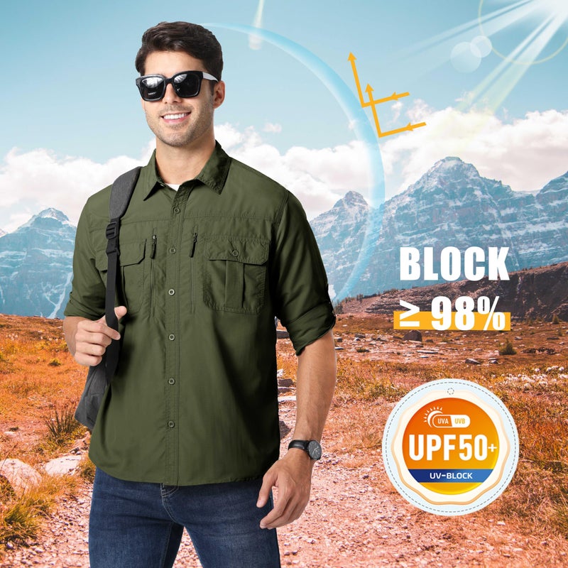 MAGCOMSEN Mens Button Down Shirts Long Sleeve UV Shirts Fishing Shirts for Men Work Shirts for Men Hiking Shirts Army Green S - Image 3