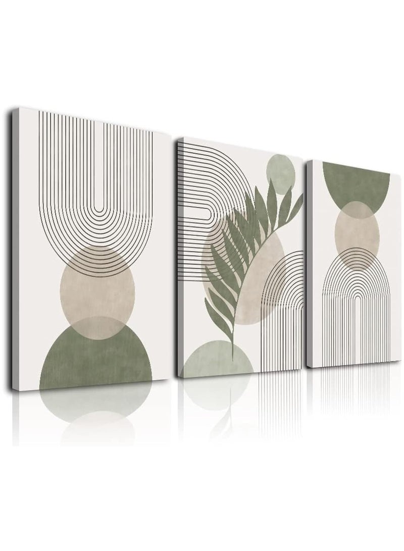 Today Idea Sage Green Boho Wall Art Set of 3, Minimalist Framed Geometric Line Leaf Sun Moon Beige Canvas Artwork Paintings, Abstract Botanical Room Decor, Posters & Prints - Image 1