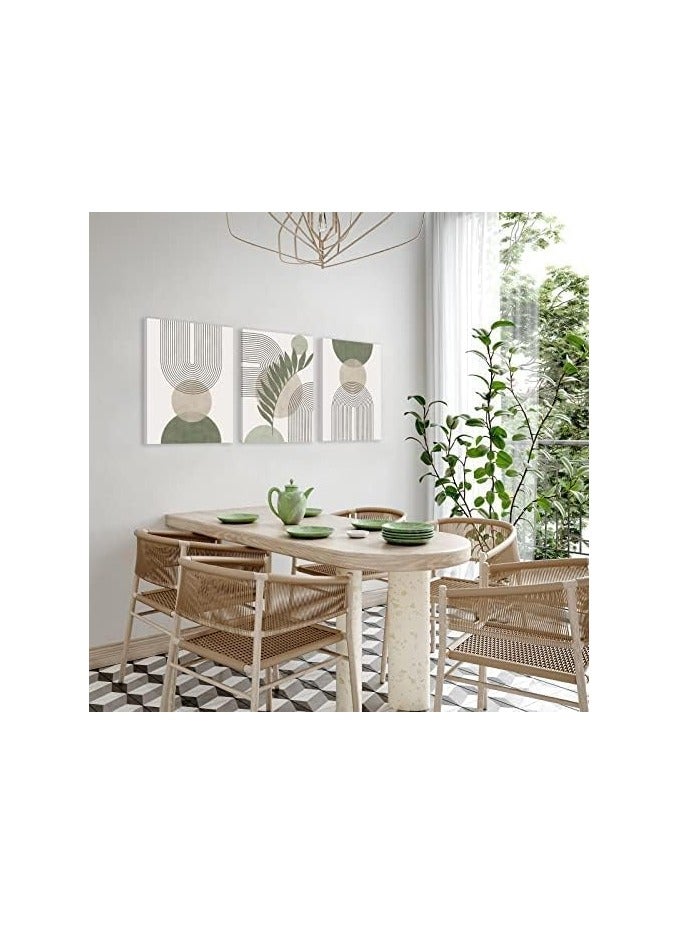 Today Idea Sage Green Boho Wall Art Set of 3, Minimalist Framed Geometric Line Leaf Sun Moon Beige Canvas Artwork Paintings, Abstract Botanical Room Decor, Posters & Prints - Image 2