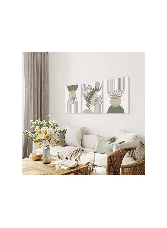 Today Idea Sage Green Boho Wall Art Set of 3, Minimalist Framed Geometric Line Leaf Sun Moon Beige Canvas Artwork Paintings, Abstract Botanical Room Decor, Posters & Prints - Image 5