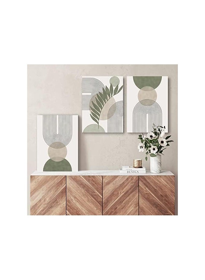 Today Idea Sage Green Boho Wall Art Set of 3, Minimalist Framed Geometric Line Leaf Sun Moon Beige Canvas Artwork Paintings, Abstract Botanical Room Decor, Posters & Prints - Image 4