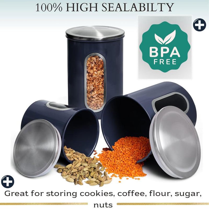 Mixpresso 3-Piece Blue Canisters Set - Airtight Coffee & Tea Organizer  Sugar Canister  Kitchen Jars with See-Through Window - Image 3