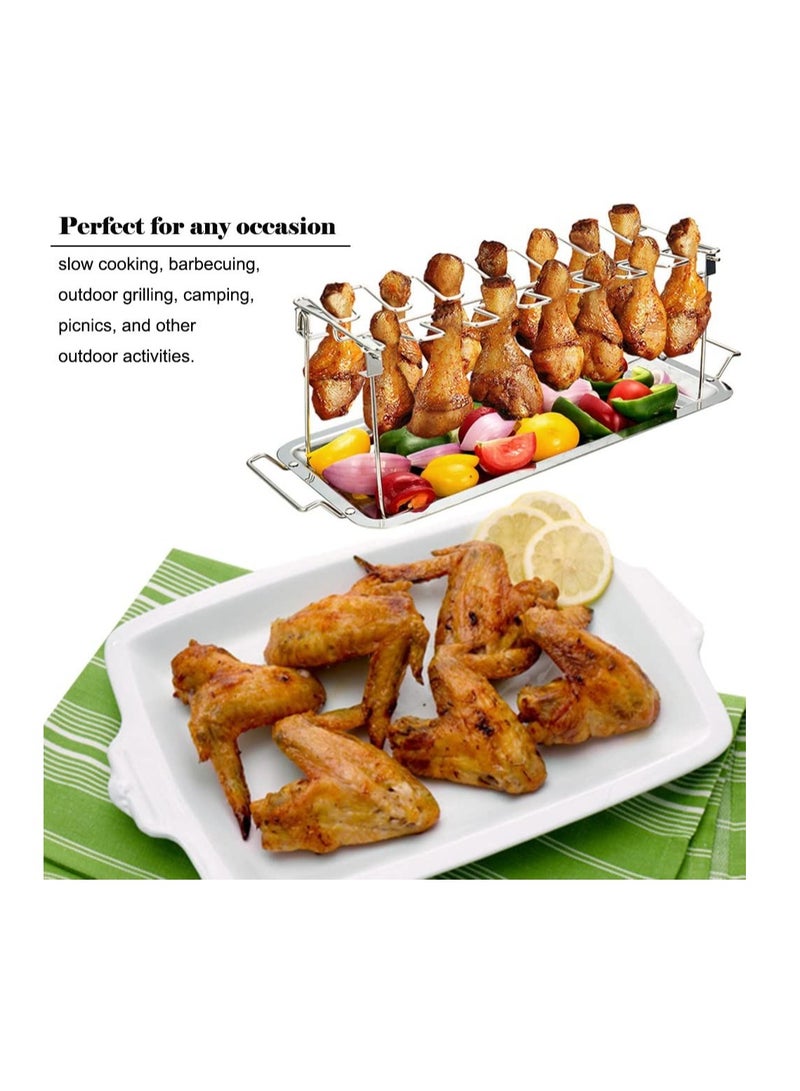 KASTWAVE 14 Slots Chicken Leg Wing Rack, Stainless Steel Display Roaster Stand with Tray, Metal Grill Rack for Poultry, Vegetables, BBQ, Picnic, Dishwasher Safe - Image 2