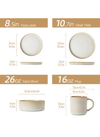 16 Piece Stoneware Dinner Set, 4X27Cm Dinner Plates, 4X21.5Cm Salad Plates, 4X16.5Cm Bowls, 4X16Oz Coffee Mugs, Modern Design In Glossy Finish, Microwave & Dishwasher Safe - Bonbon Beige - view 2