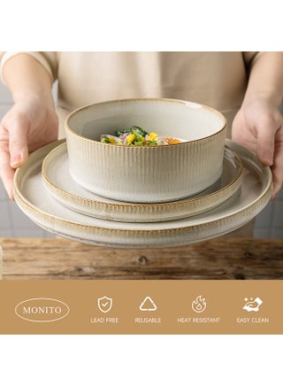16 Piece Stoneware Dinner Set, 4X27Cm Dinner Plates, 4X21.5Cm Salad Plates, 4X16.5Cm Bowls, 4X16Oz Coffee Mugs, Modern Design In Glossy Finish, Microwave & Dishwasher Safe - Bonbon Beige - view 4