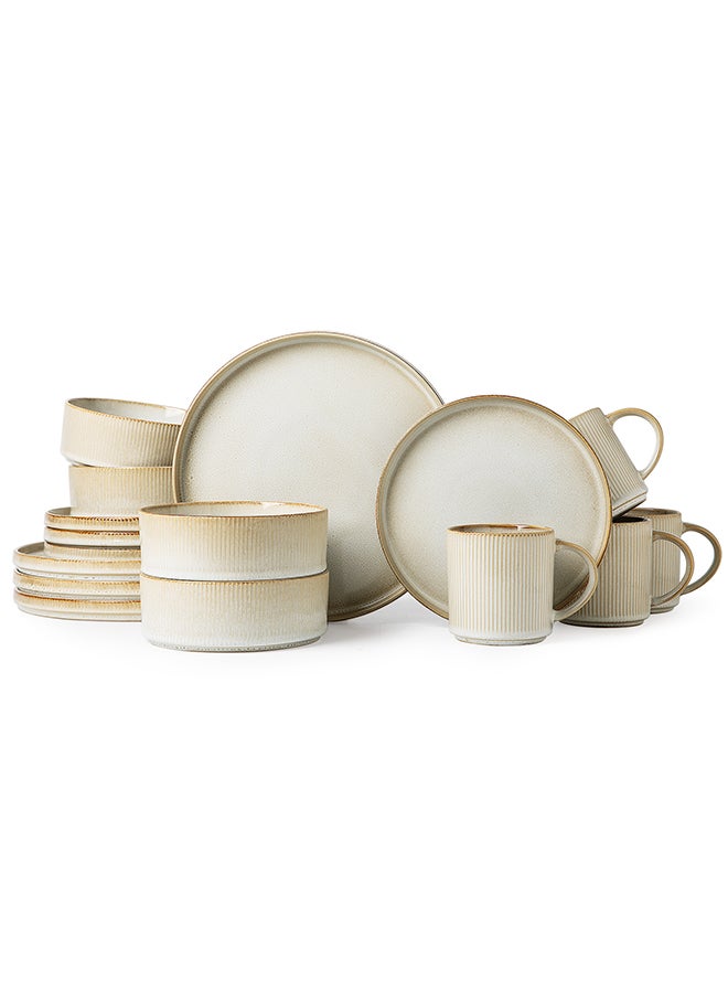 MONITO 16 Piece Stoneware Dinner Set, 4x27cm Dinner Plates, 4x21.5cm Salad Plates, 4x16.5cm Bowls, 4x16oz Coffee Mugs, Modern Design in Glossy Finish, Microwave & Dishwasher Safe - Bonbon Beige  - Image 1