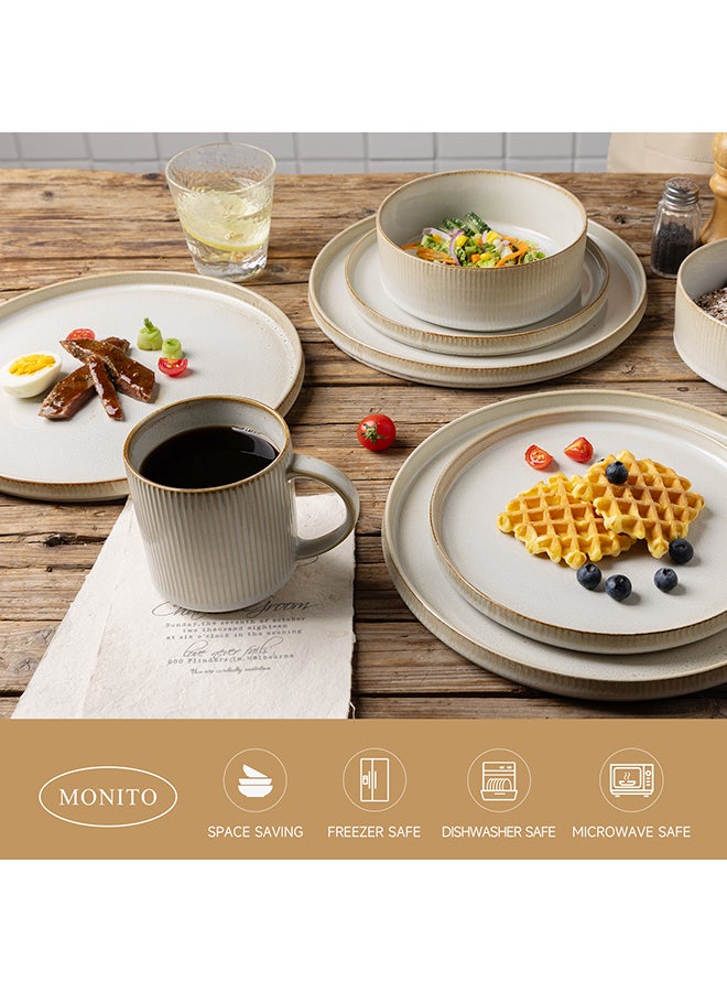 MONITO 16 Piece Stoneware Dinner Set, 4x27cm Dinner Plates, 4x21.5cm Salad Plates, 4x16.5cm Bowls, 4x16oz Coffee Mugs, Modern Design in Glossy Finish, Microwave & Dishwasher Safe - Bonbon Beige  - Image 3