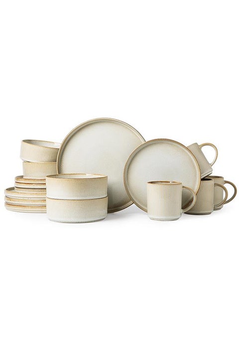 16 Piece Stoneware Dinner Set, 4X27Cm Dinner Plates, 4X21.5Cm Salad Plates, 4X16.5Cm Bowls, 4X16Oz Coffee Mugs, Modern Design In Glossy Finish, Microwave & Dishwasher Safe - Bonbon Beige