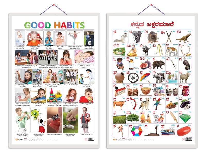 GoWoo Set of 2 Good Habits and Kannada Alphabet Early Learning Educational Charts for Kids | 20"X30" inch |Non-Tearable and Waterproof | Double Sided Laminated | Perfect for Homeschooling, Kindergarten and Nursery Students - Image 1