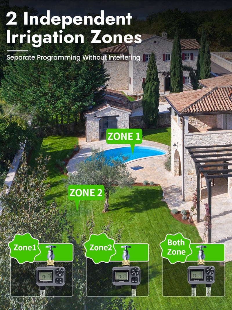 Insoma 2-Zone Hose Timer - Brass Inlet Dual Outlet Sprinkler Timer with Rain Delay/Manual/Auto Modes, 2-Outlet Water Timers for Garden/Greenhouse/Flower Irrigation, Durable Faucet Timers for Lawn Care - Image 2
