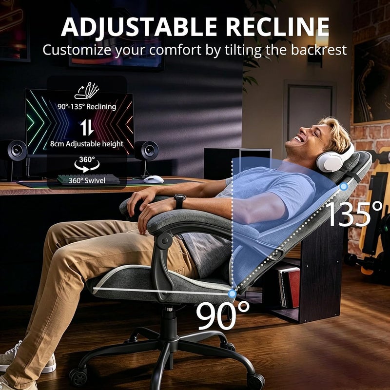 KSA market popular practical build Gaming Chair, Gaming Chairs for Adults, Ergonomic Fabric Computer Chair, Reclining PC Gamer Chairs with Headrest and Lumbar Support, Height Adjustable Office Chairs for Home, 150KG, Grey Black Daily use improved quality - Image 5
