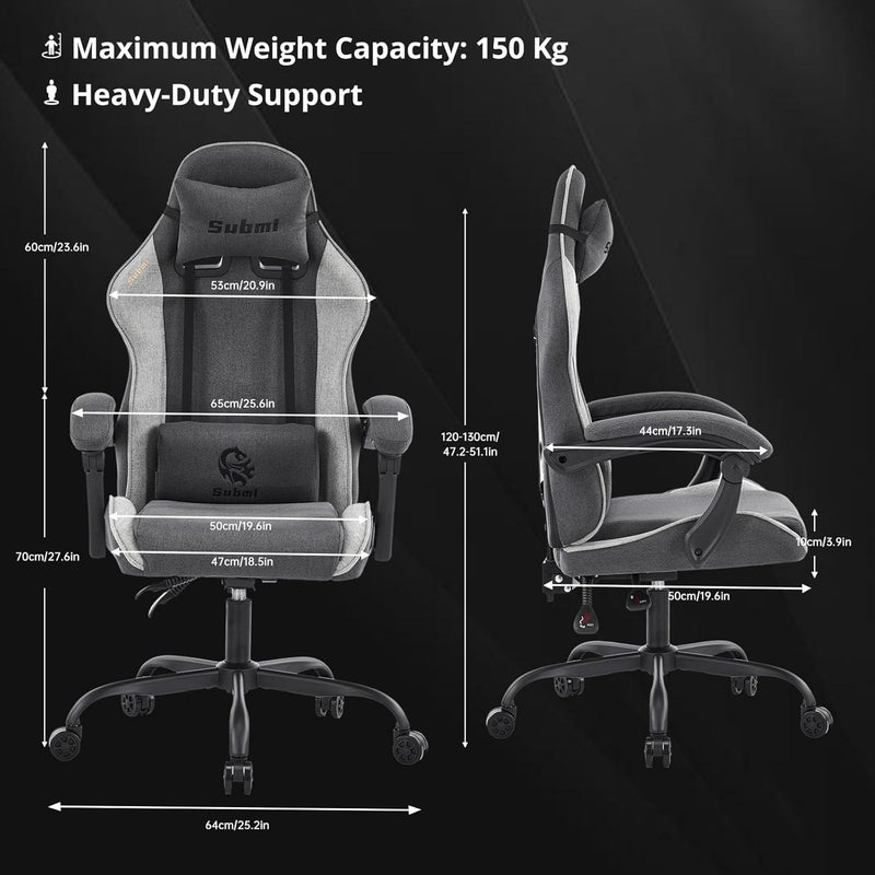KSA market popular practical build Gaming Chair, Gaming Chairs for Adults, Ergonomic Fabric Computer Chair, Reclining PC Gamer Chairs with Headrest and Lumbar Support, Height Adjustable Office Chairs for Home, 150KG, Grey Black Daily use improved quality - Image 2