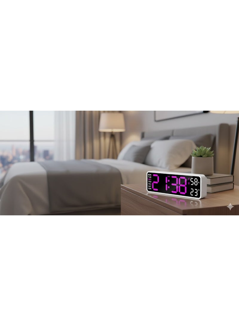 Large 9-inch LED digital clock with dual alarm, auto-dimming, bedroom and bedside alarm, clear numbers with temperature display, white frame with (purple) backlighting. - Image 2