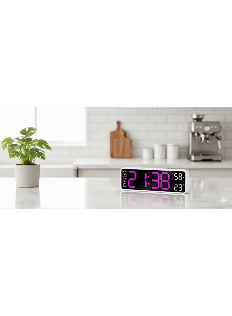 Large 9-inch LED digital clock with dual alarm, auto-dimming, bedroom and bedside alarm, clear numbers with temperature display, white frame with (purple) backlighting. - Image 3