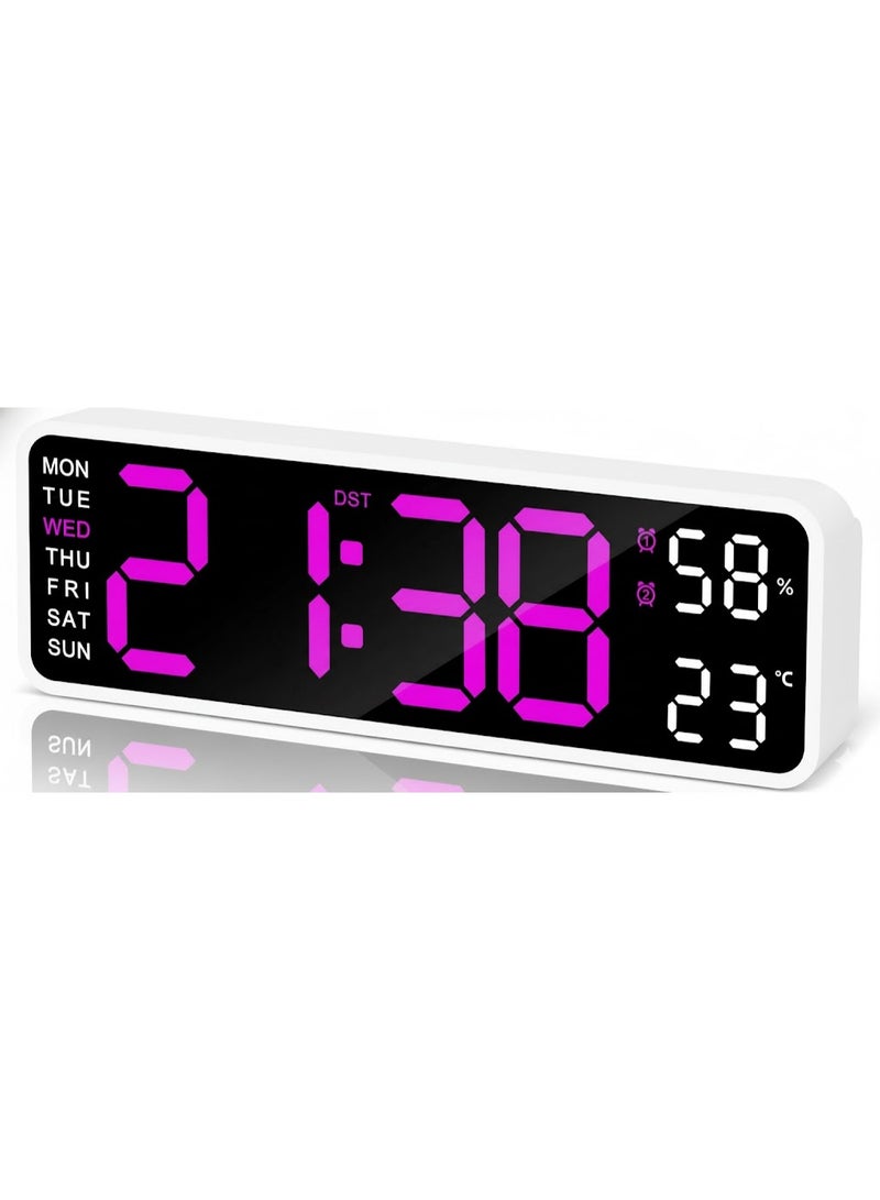 Large 9-inch LED digital clock with dual alarm, auto-dimming, bedroom and bedside alarm, clear numbers with temperature display, white frame with (purple) backlighting. - Image 1