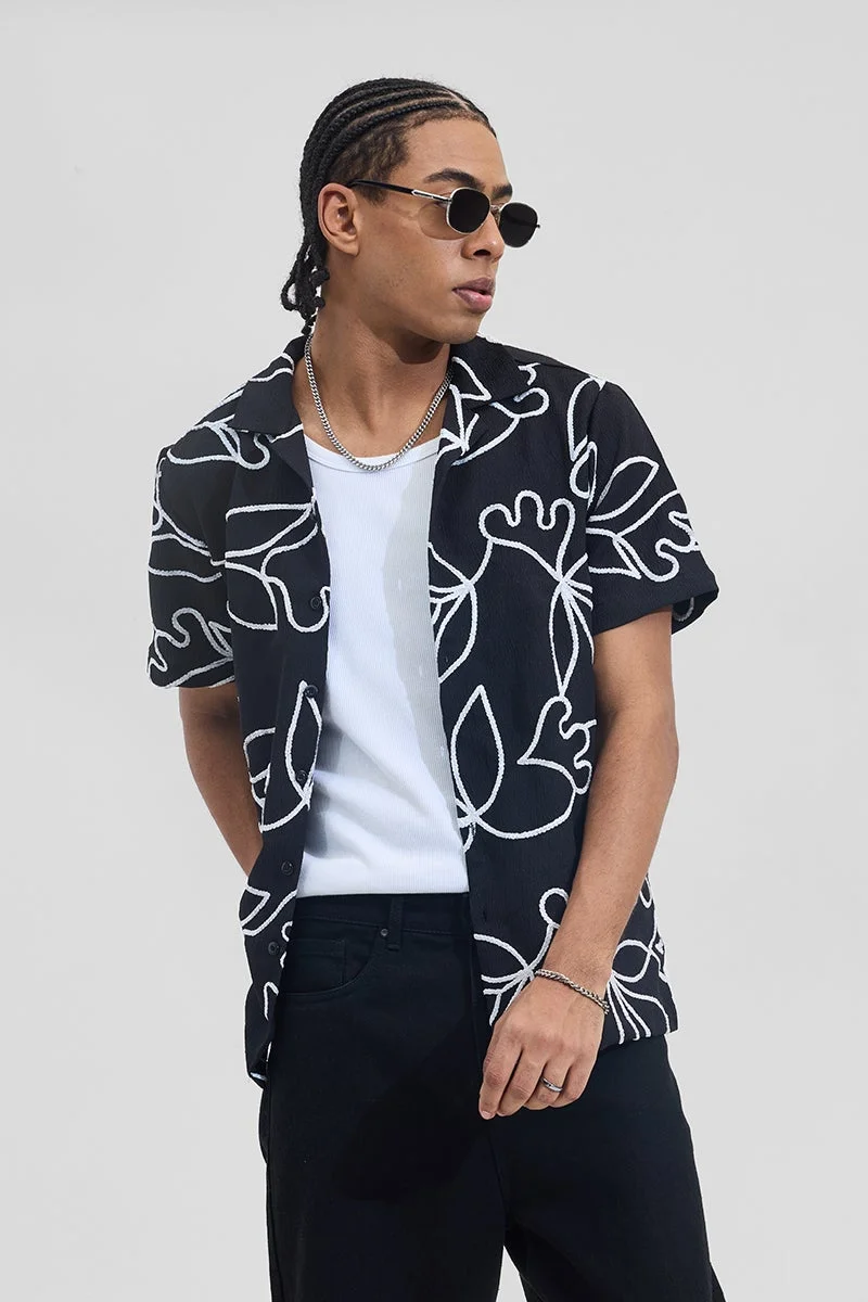 SNITCH Dark Charcoal Black Abstract Half Sleeve Boxy Shirt