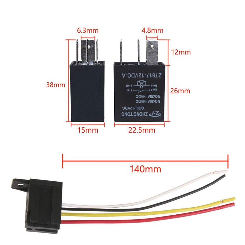 ESUPPORT Car Heavy Duty Relay Switch 12V 30A SPST 4Pin Wire Socket Plug Harness Waterproof Electrical Automotive Pack of 5 - Image 2
