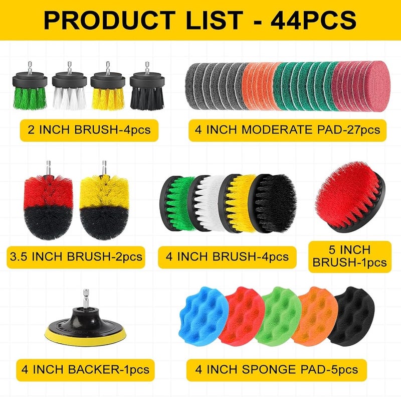 WEKUBA 44Pcs Drill Brush Attachment Set，Power Scrubber Brush with Extend Long Attachment，Scrub Pads & Sponge，Drifferent Hardness，Power Cleaning Kit for Grout, Tiles, Sinks, Bathtub, Kitchen，Auto - Image 2