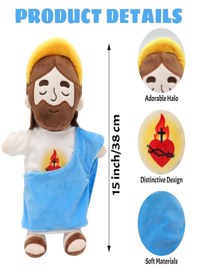 Yelakey Soothing Jesus Plush Toys with Light & Sound, 15" Jesus Stuffed Breathing Plushy Doll, Christian Catholic Religious Plushie Christmas Easter Gifts for Kids Baby (Blue) - Image 2