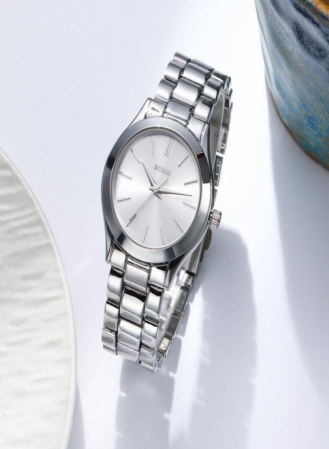 BUREI Women Watches Fashion Business Stainless Steel Ladies Watches Waterproof Quartz Women's Wristwatch,Gift for Women(Gold Silver Rose Golden), all silver, Modern Fashion Simple Classic Business - Image 2