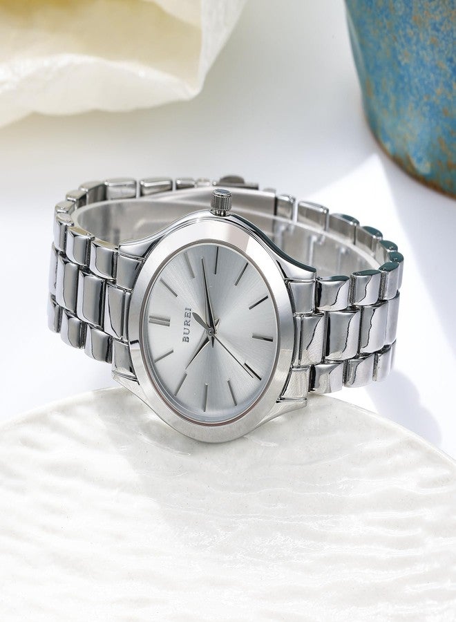 BUREI Women Watches Fashion Business Stainless Steel Ladies Watches Waterproof Quartz Women's Wristwatch,Gift for Women(Gold Silver Rose Golden), all silver, Modern Fashion Simple Classic Business - Image 3