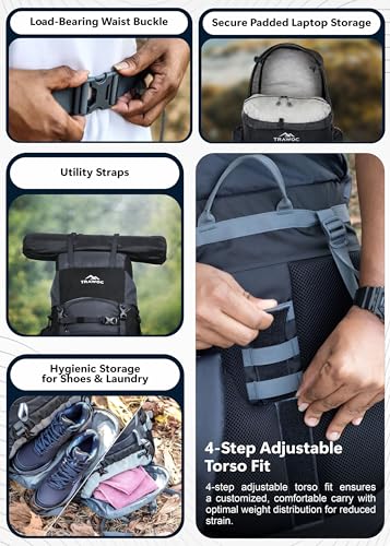 TRAWOC TRAILMASTER 80L Rucksack Bag for Men & Women, Large Water Resistant Trekking Hiking Bag Travel Backpack, Grey, 3 Year Warranty - Image 5