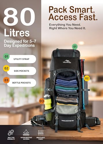 TRAWOC TRAILMASTER 80L Rucksack Bag for Men & Women, Large Water Resistant Trekking Hiking Bag Travel Backpack, Grey, 3 Year Warranty - Image 4