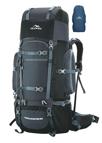 TRAWOC TRAILMASTER 80L Rucksack Bag for Men & Women, Large Water Resistant Trekking Hiking Bag Travel Backpack, Grey, 3 Year Warranty - Image 1