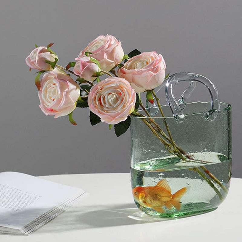 WMM Glass Vase with Elegant Purse Design  Hand Purse vase with Fish Bowl  Unique Flower Vase with Handle and Bubbles - for Home Decor/Office/Garden/Wedding Decor/Enterpiece/Events(Light Green) - Image 2