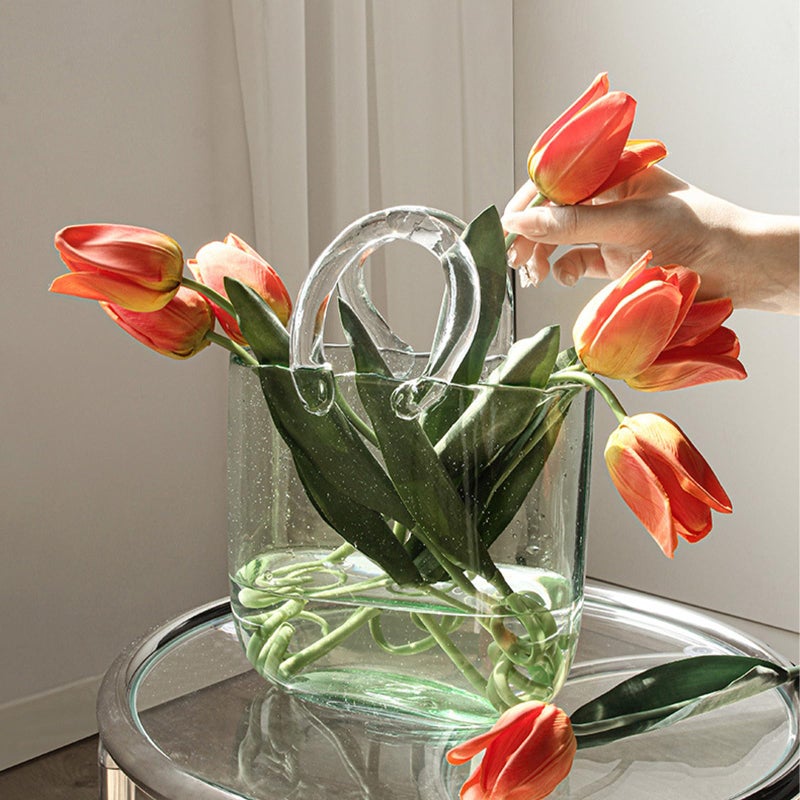 WMM Glass Vase with Elegant Purse Design  Hand Purse vase with Fish Bowl  Unique Flower Vase with Handle and Bubbles - for Home Decor/Office/Garden/Wedding Decor/Enterpiece/Events(Light Green) - Image 5