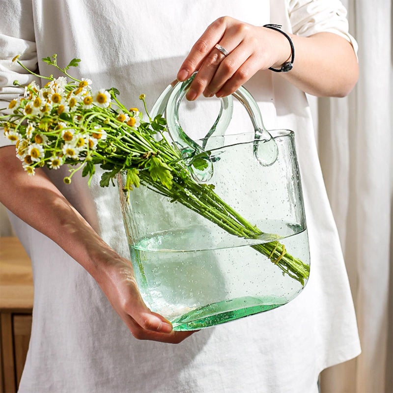 WMM Glass Vase with Elegant Purse Design  Hand Purse vase with Fish Bowl  Unique Flower Vase with Handle and Bubbles - for Home Decor/Office/Garden/Wedding Decor/Enterpiece/Events(Light Green) - Image 4