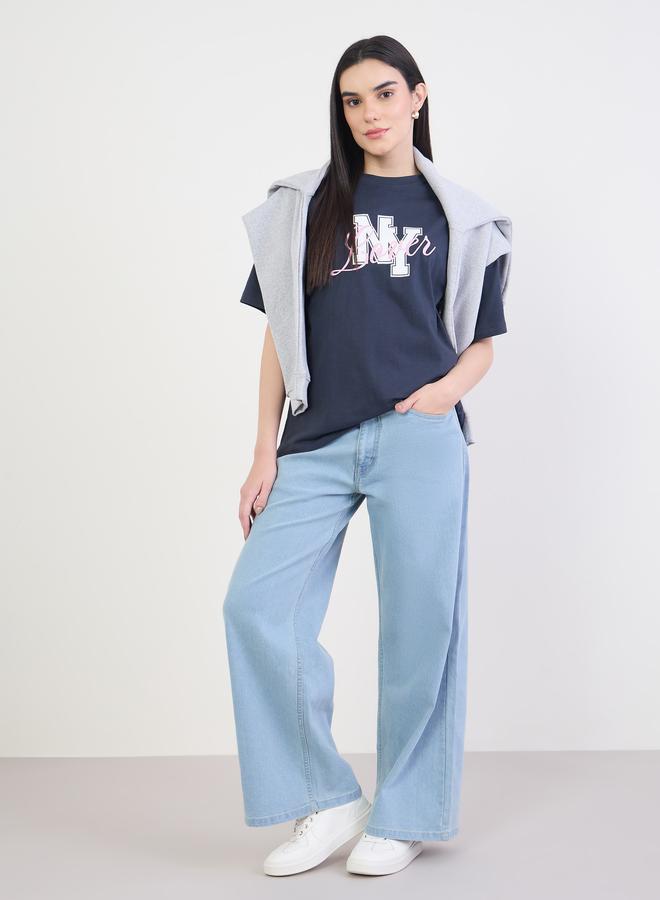 Styli Navy Blue Embroidered Slogan T-Shirt - Image 2